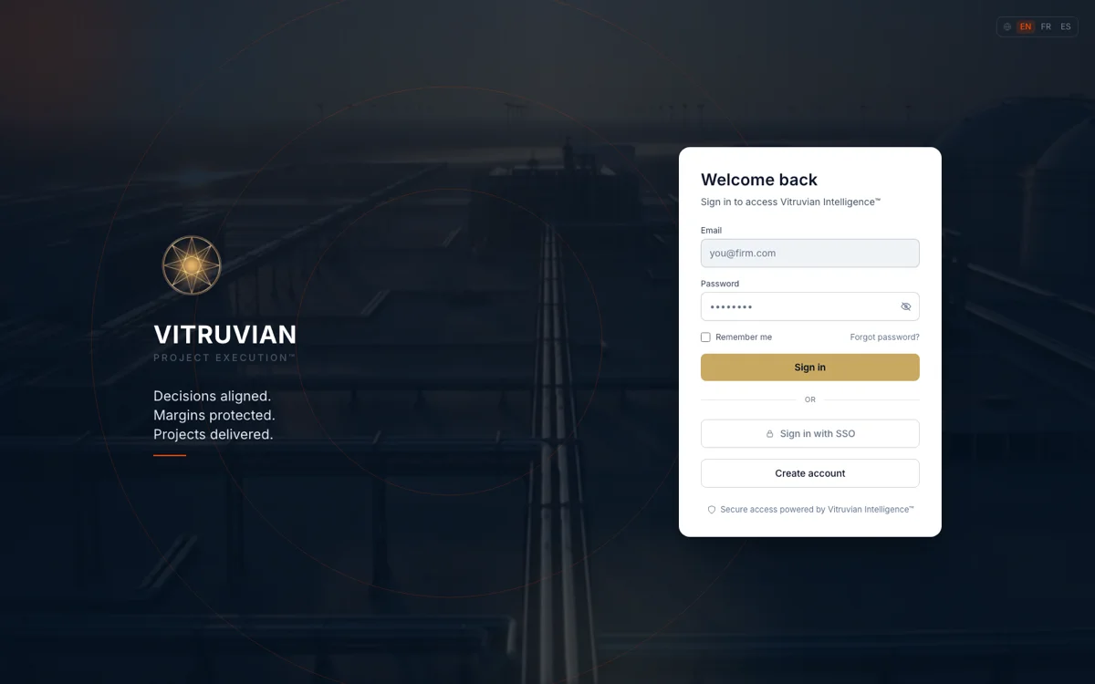 Vitruvian Project Execution sign-in, gold mark on dark